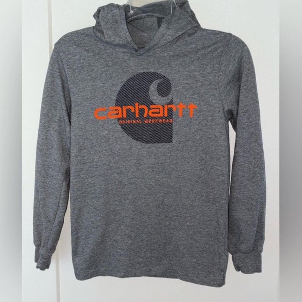 Carhartt Boys Gray Pullover Hoodie with Orange Logo Graphic